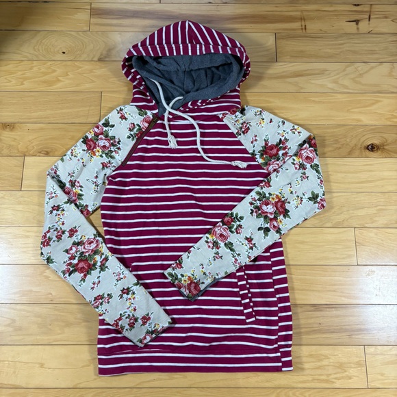 Ampersand Avenue Hoodie Womens Sz XS Striped Floral Pink Hooded Sweatshirt - Picture 2 of 7